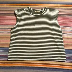 Madewell Striped Padded Shoulder Muscle Tee Olive Green White Womens Size Large